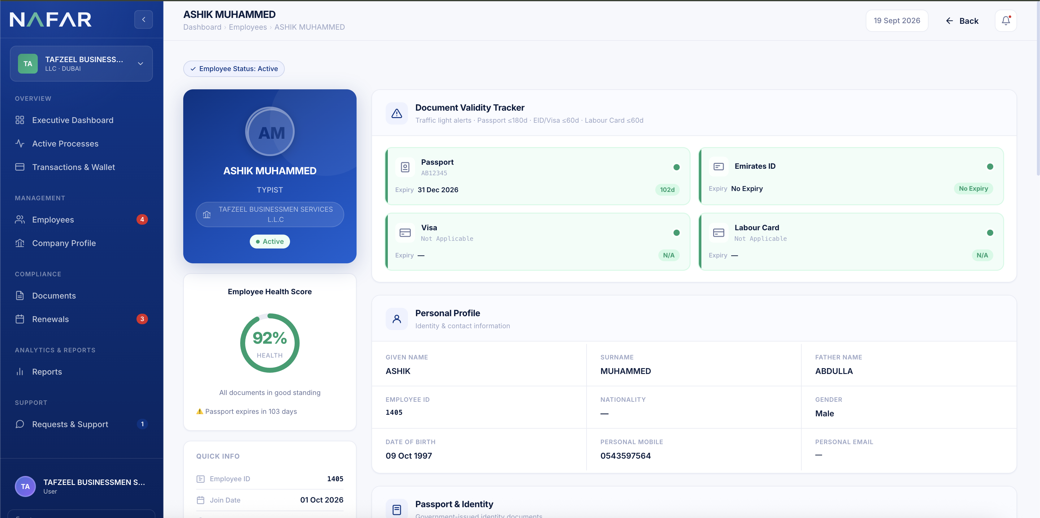 Nafar Alerts — employee detail with expiry dates and renewal status